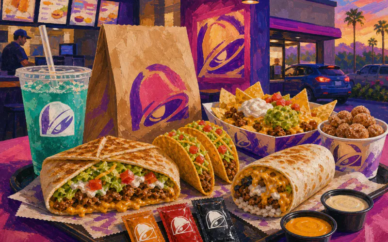 Painterly Taco Bell-style restaurant counter scene with tacos, burrito, nachos, sauce packets, drink, and purple evening restaurant cues