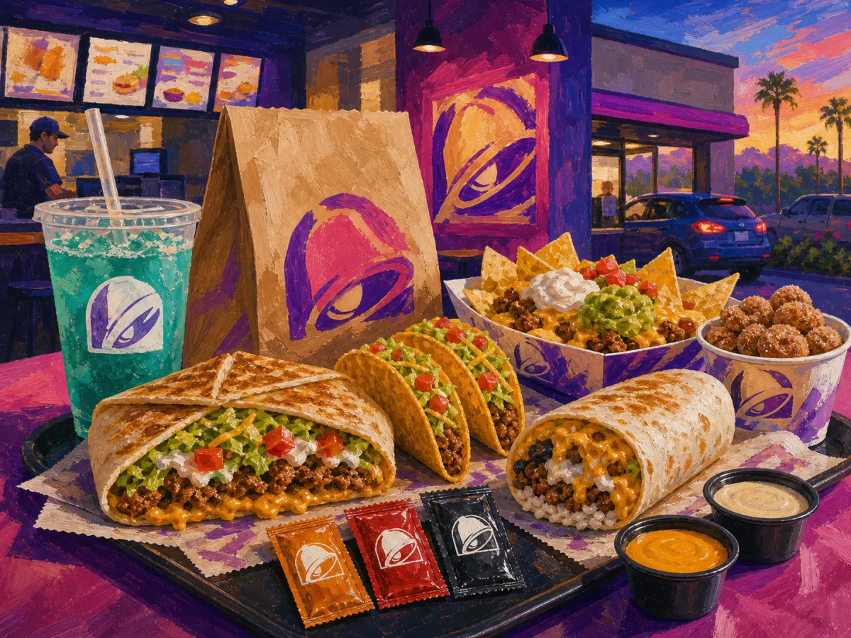 Painterly Taco Bell-style restaurant counter scene with tacos, burrito, nachos, sauce packets, drink, and purple evening restaurant cues
