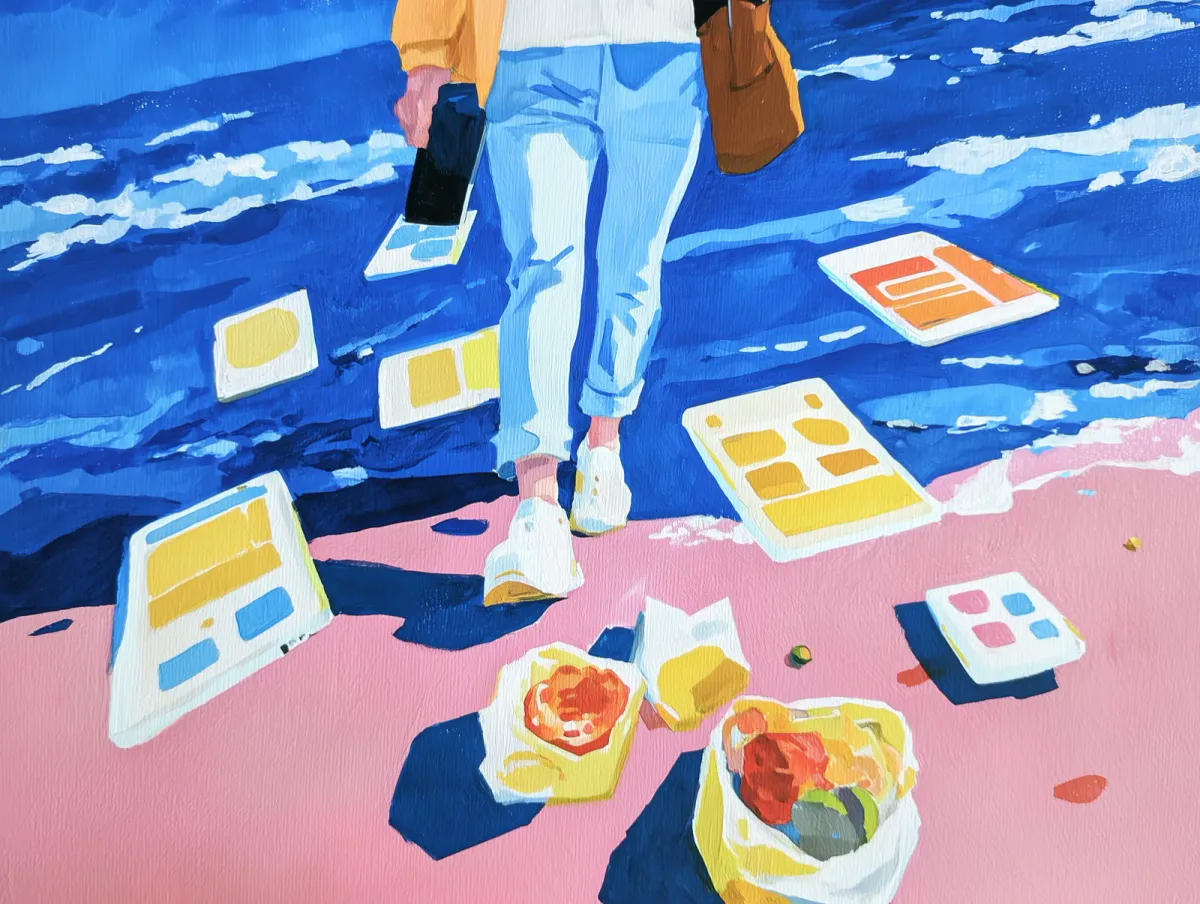 Stylized editorial illustration of calorie tracking apps and food scattered around someone walking away