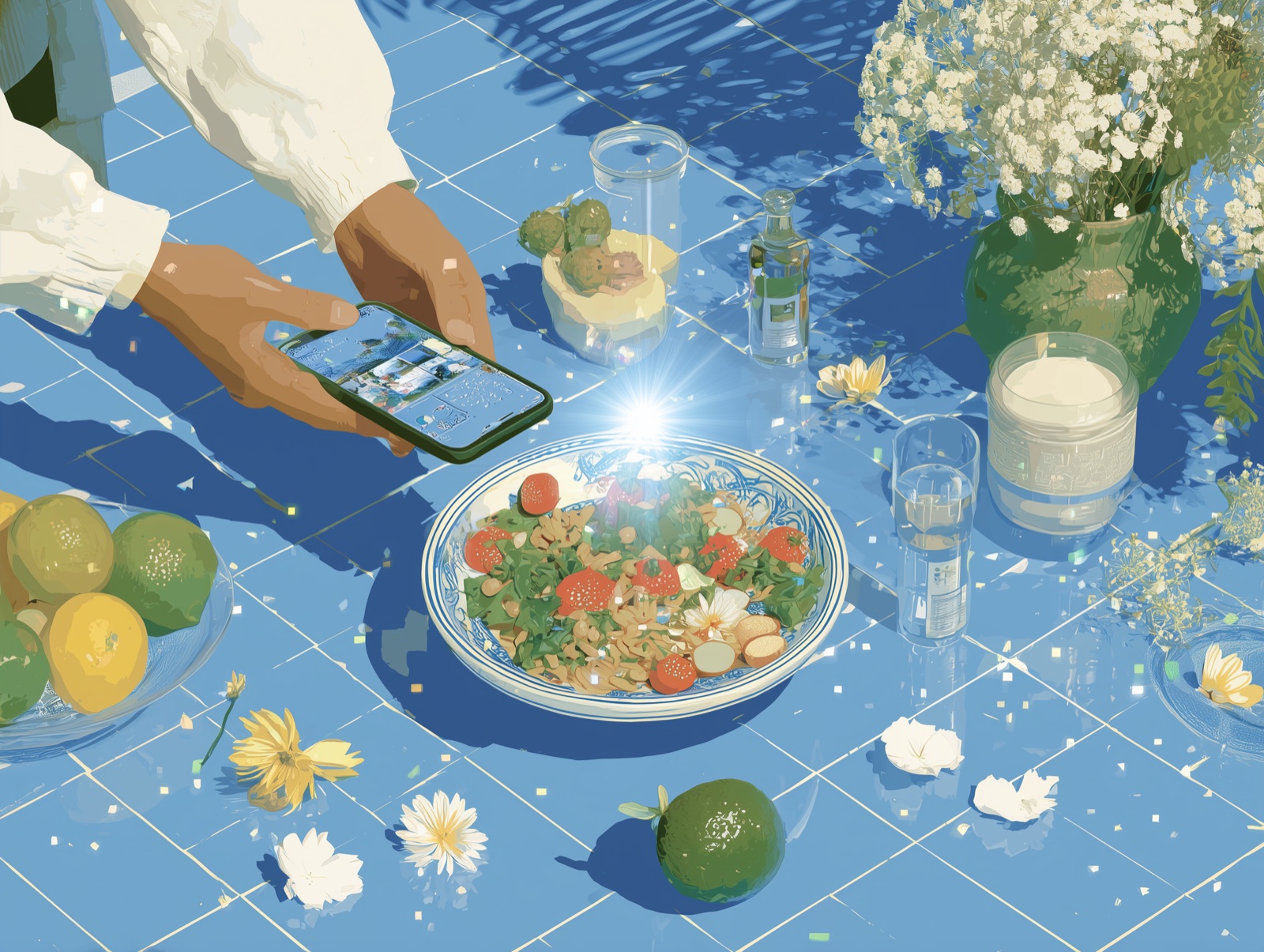 Artistic illustration of a hand reaching for a phone scanning a colorful salad on a blue surface surrounded by fruits and flowers
