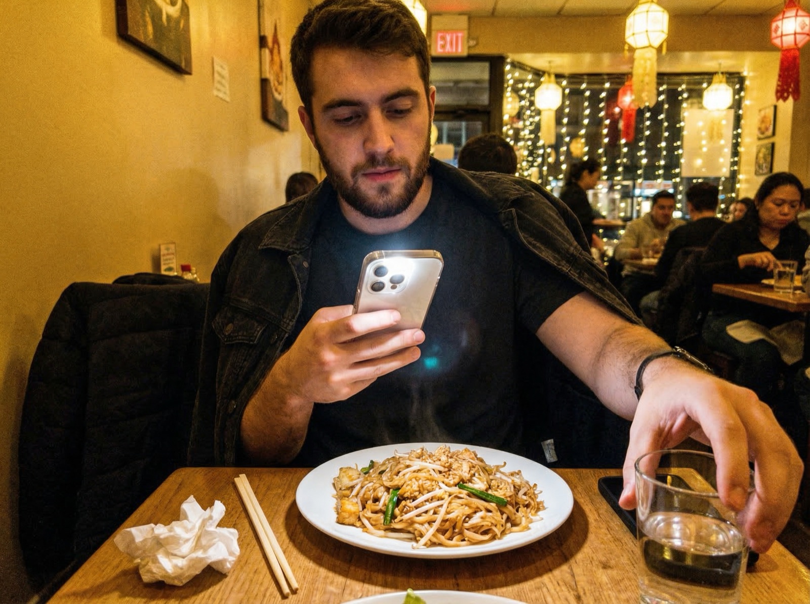Guy holding his iPhone over a plate of pad thai at a dimly lit Thai restaurant in the East Village, string lights and other diners in the background