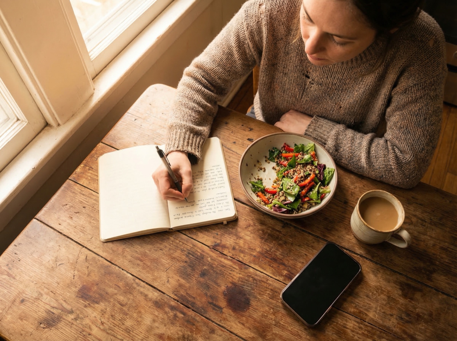 Woman writing in a notebook at a sunlit wooden kitchen table with a half-eaten colorful salad bowl, coffee mug, and iPhone face-down beside her