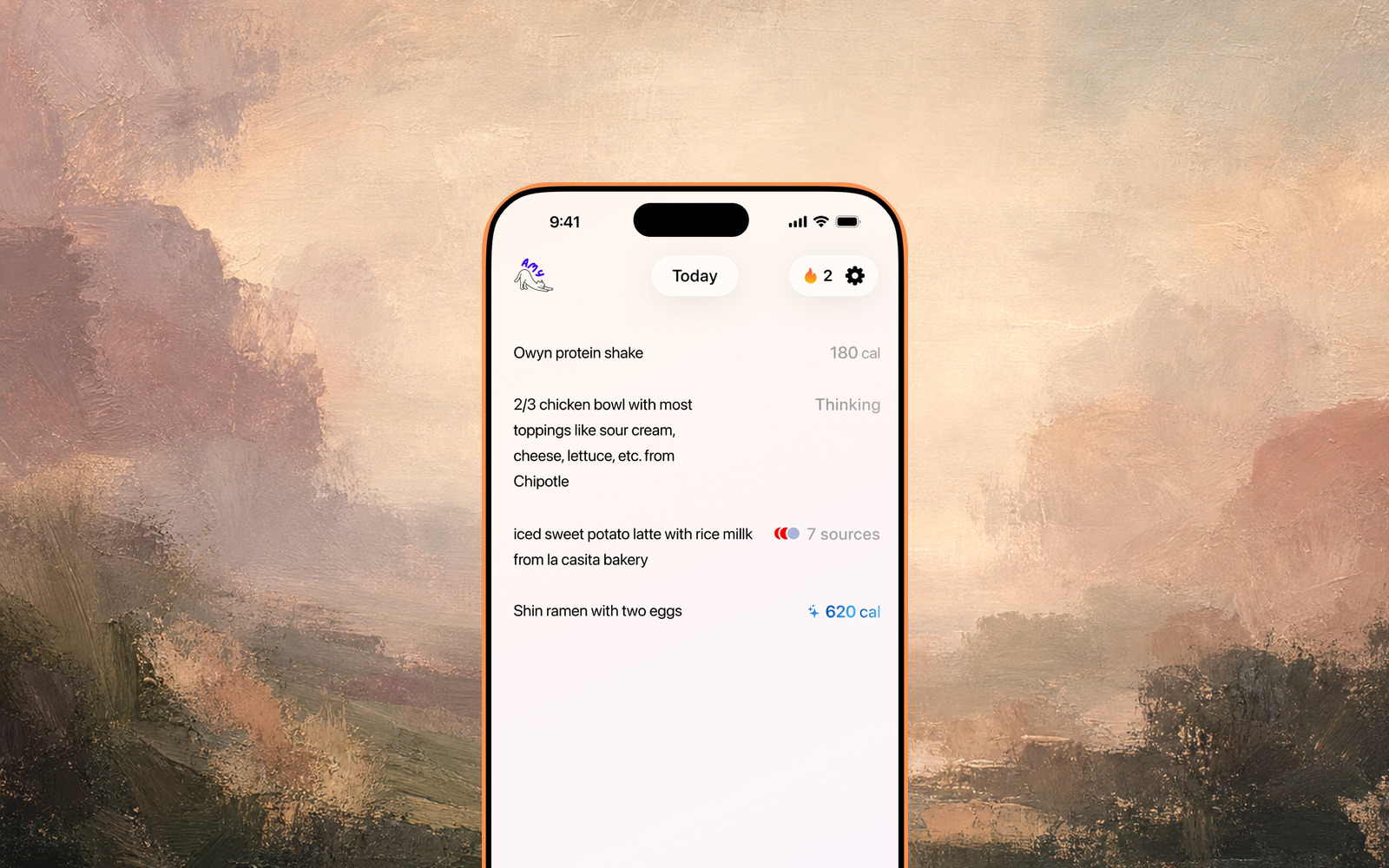 Amy Food Journal app screenshot centered and cropped on a full-bleed subtle dusk landscape painting background