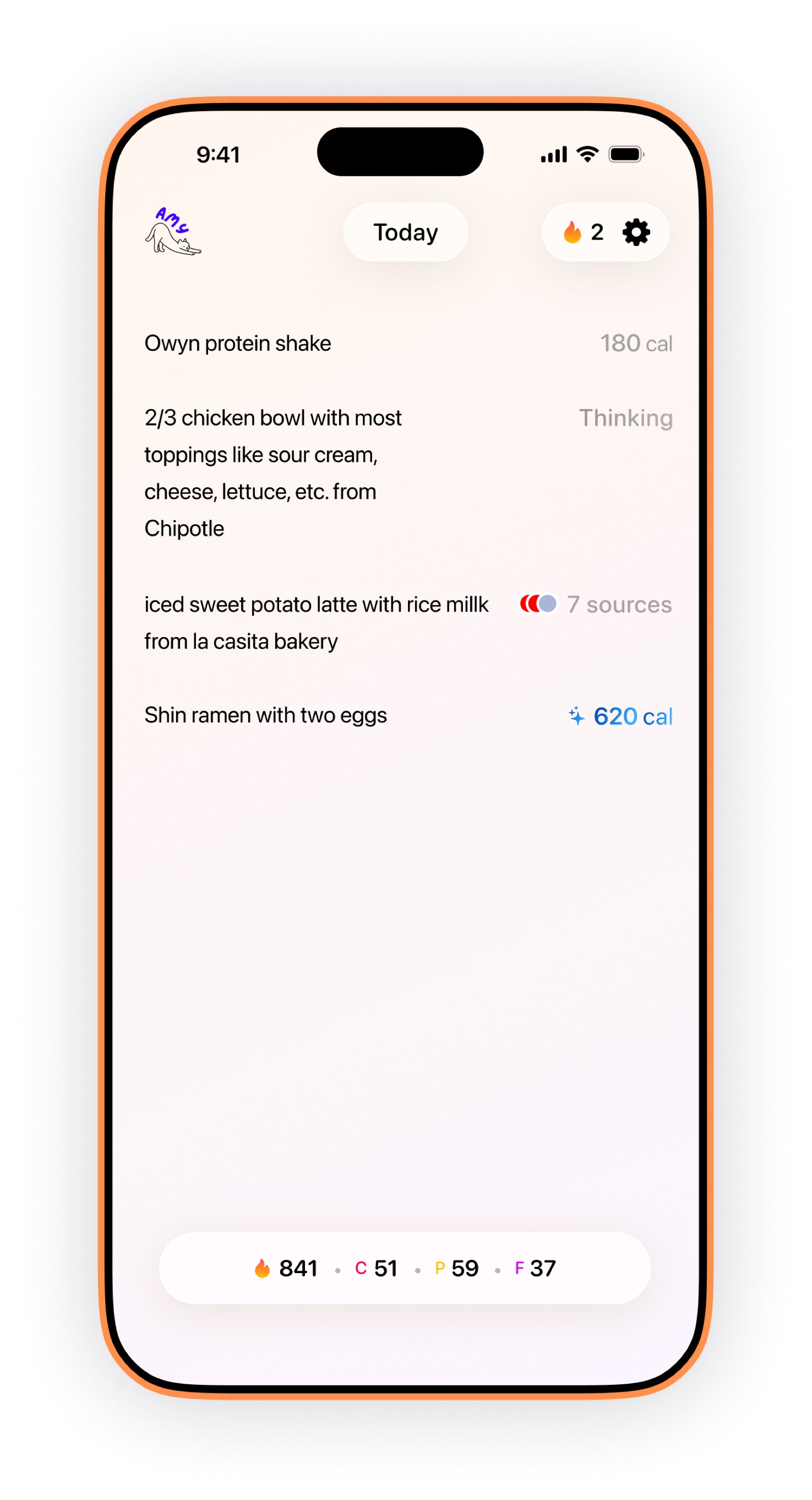 Amy Food Journal home screen showing daily calorie log
