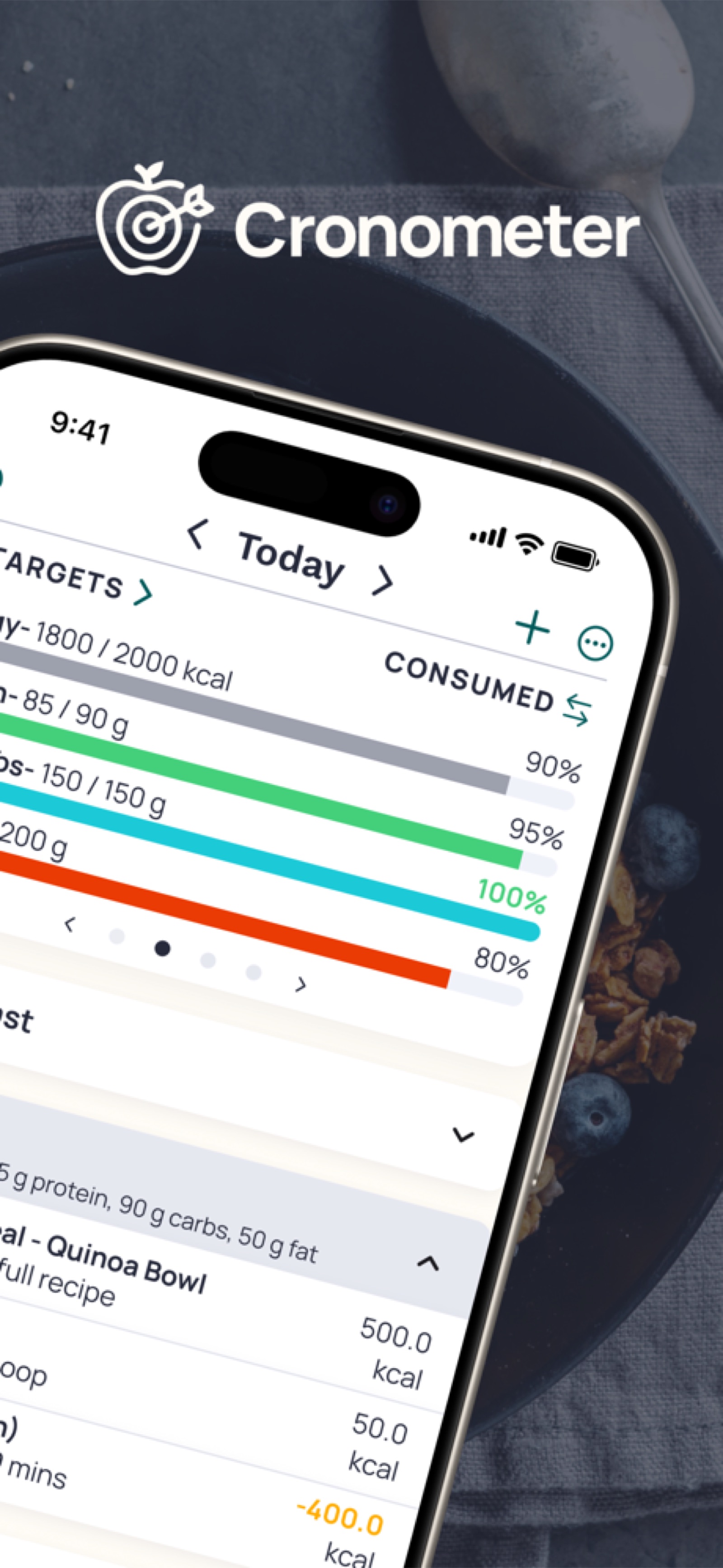 Cronometer app daily food log showing macro and micronutrient tracking