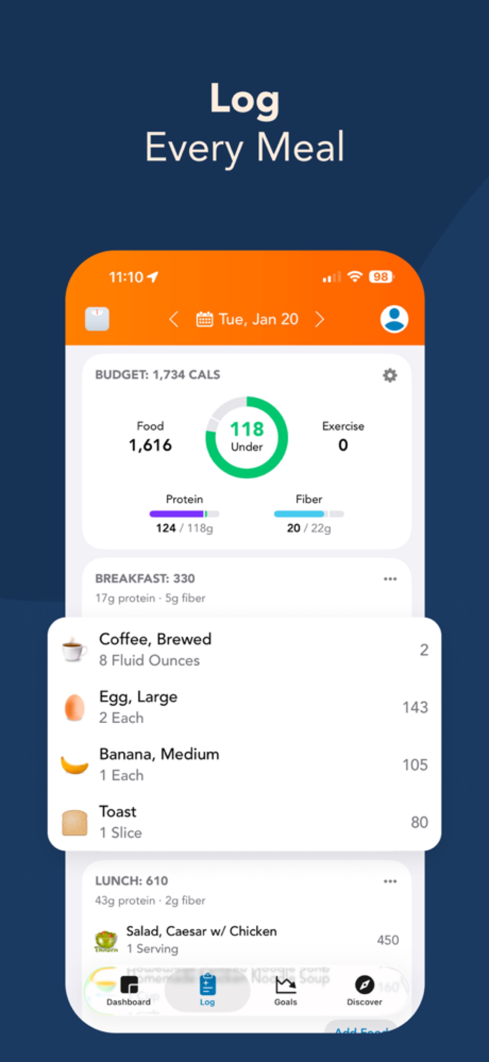 Lose It! app calorie budget and daily meal log