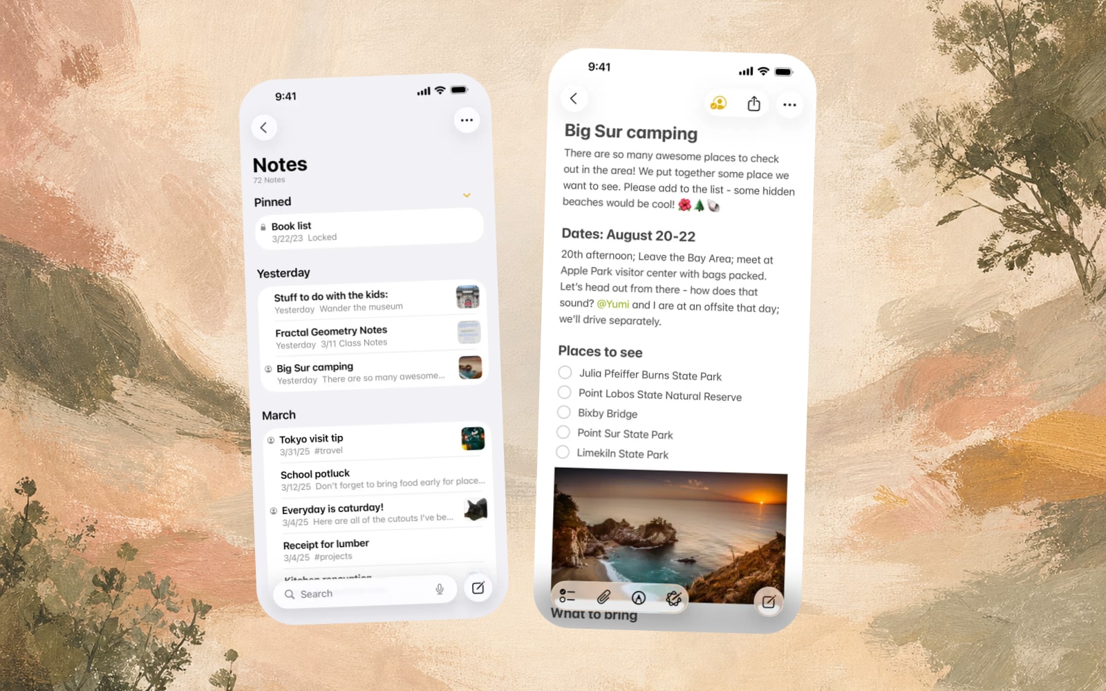Apple Notes App Store list and note screenshots on a warm full-bleed art background