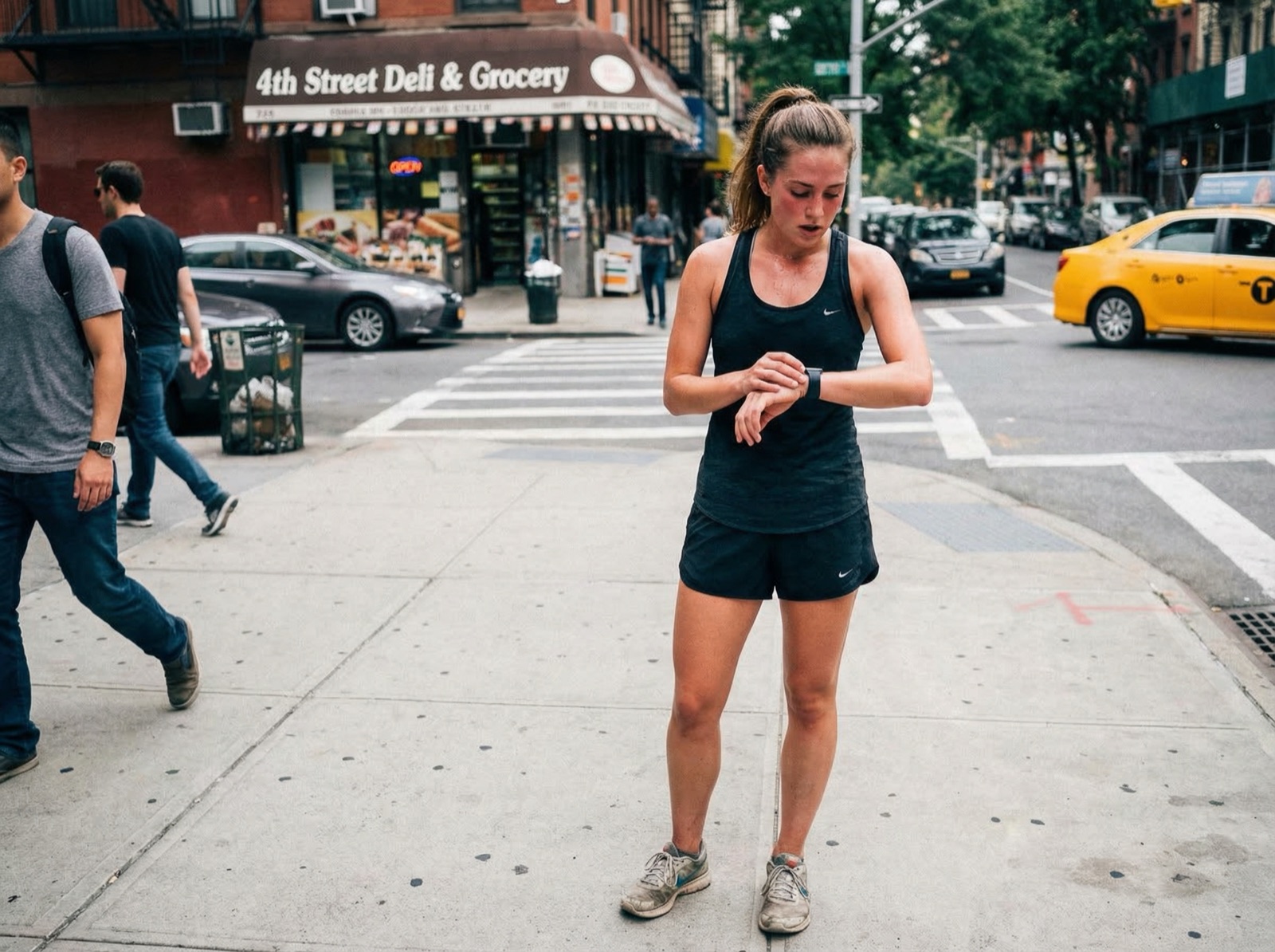 Young woman paused on an NYC sidewalk checking her Apple Watch after a run, bodega and parked cars in the background
