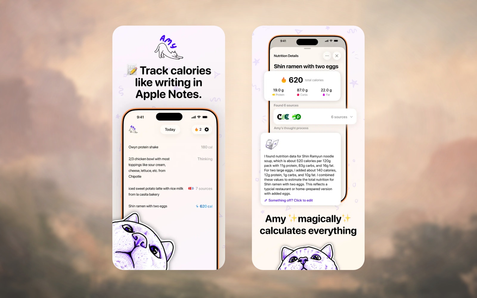 Amy Food Journal App Store screenshots showing notes-style calorie tracking and automatic nutrition estimates