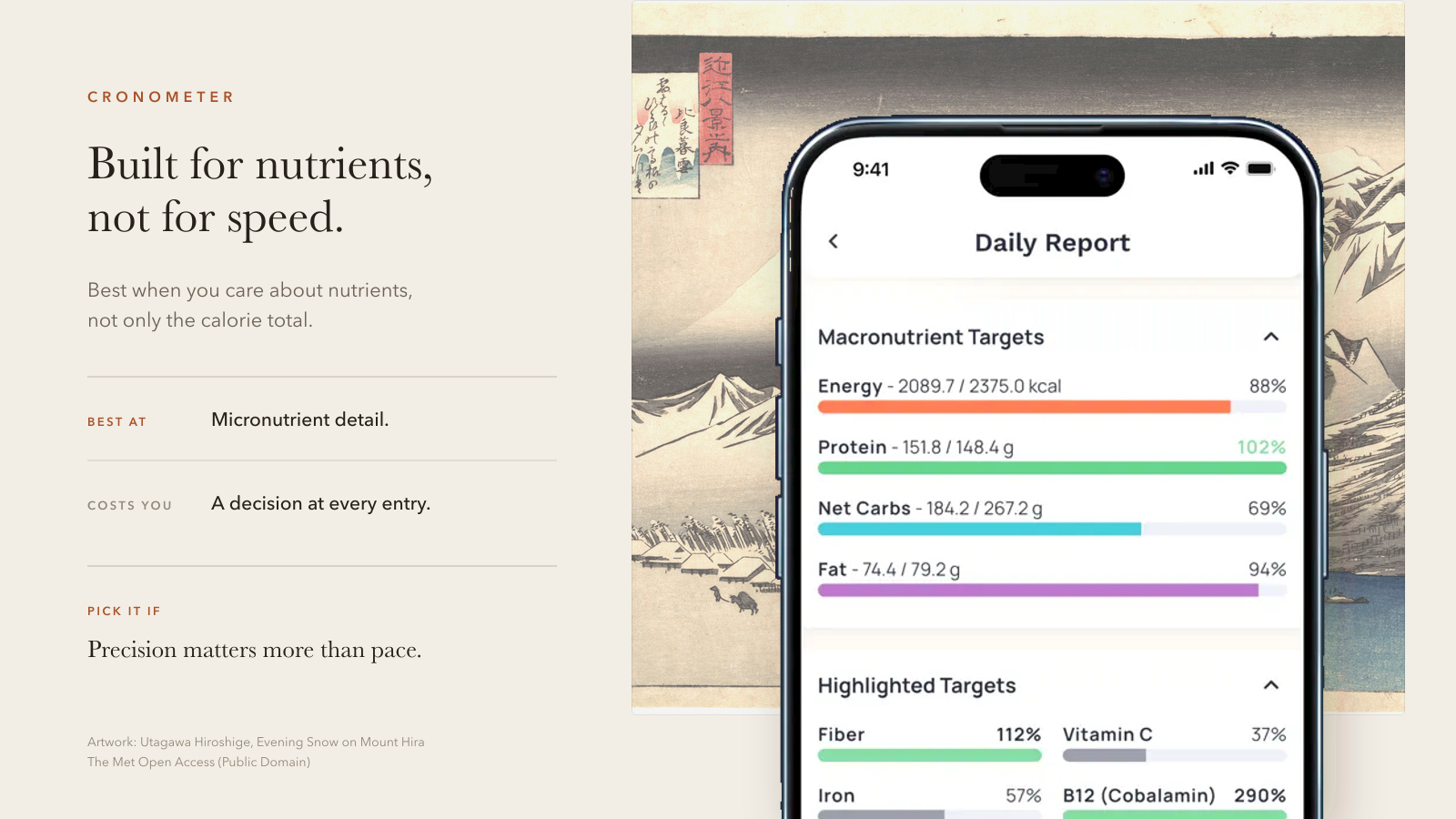 Cronometer quick take showing its nutrient report, micronutrient strength, and more detailed logging workflow