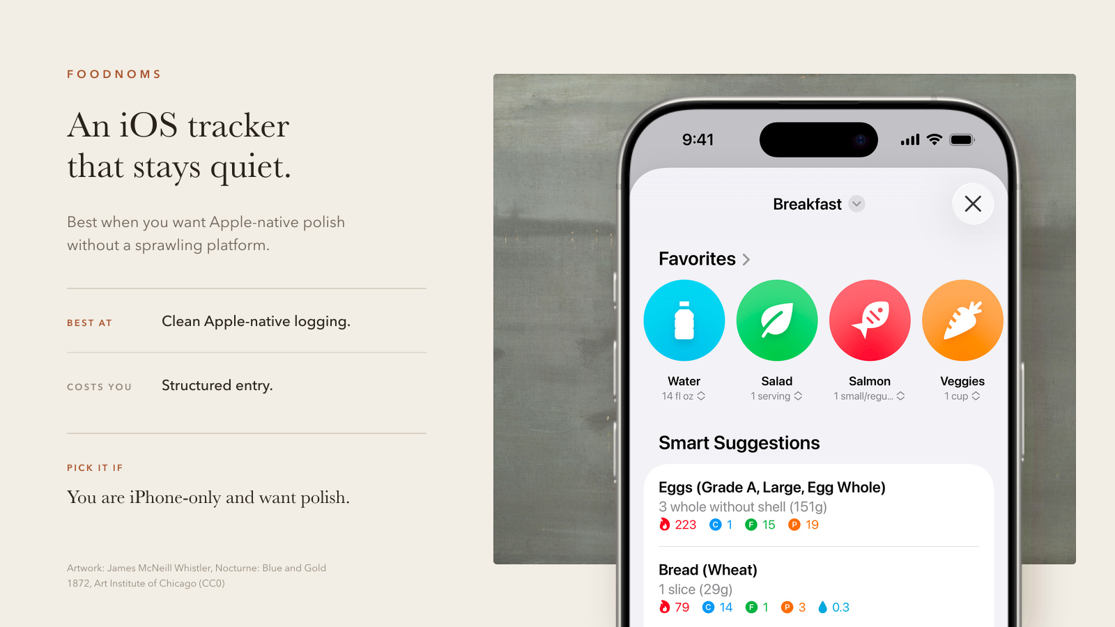 Foodnoms quick take showing its Apple-native food log, clean interface, and structured entry workflow