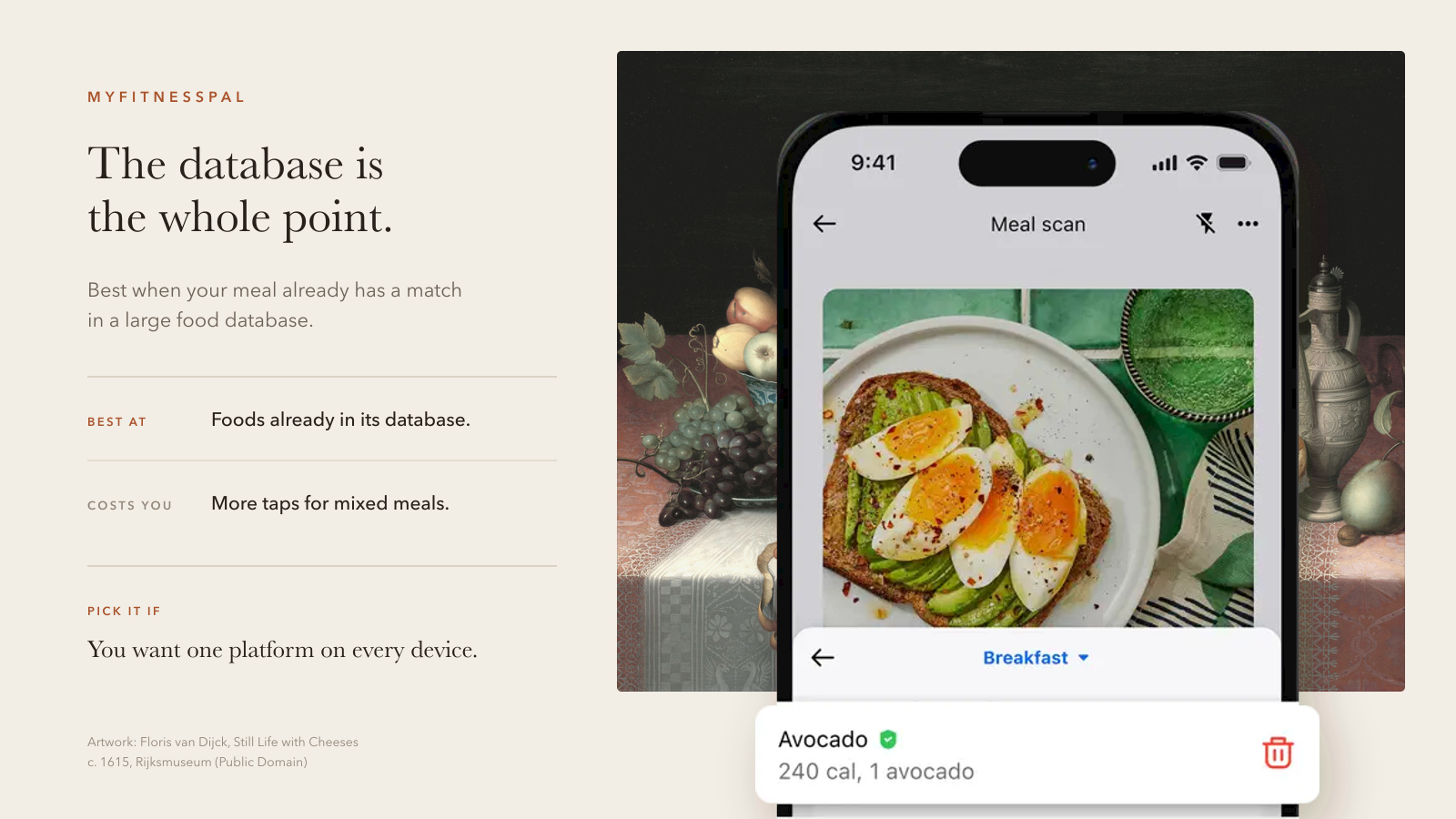 MyFitnessPal quick take showing its meal scan interface, food database strength, and extra work for mixed meals