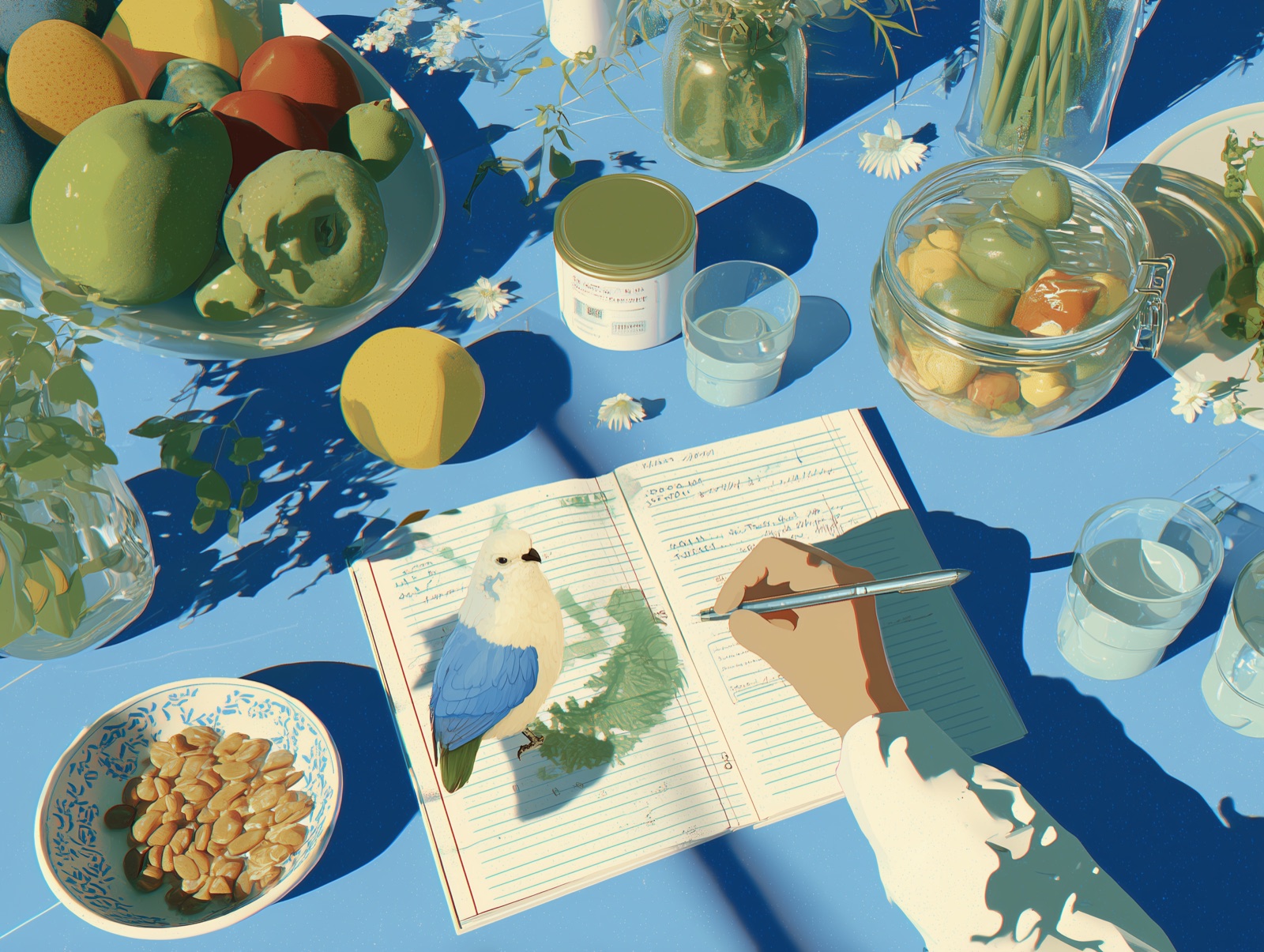 Artistic illustration of a person writing in a food journal surrounded by colorful fruits and vegetables on a blue surface