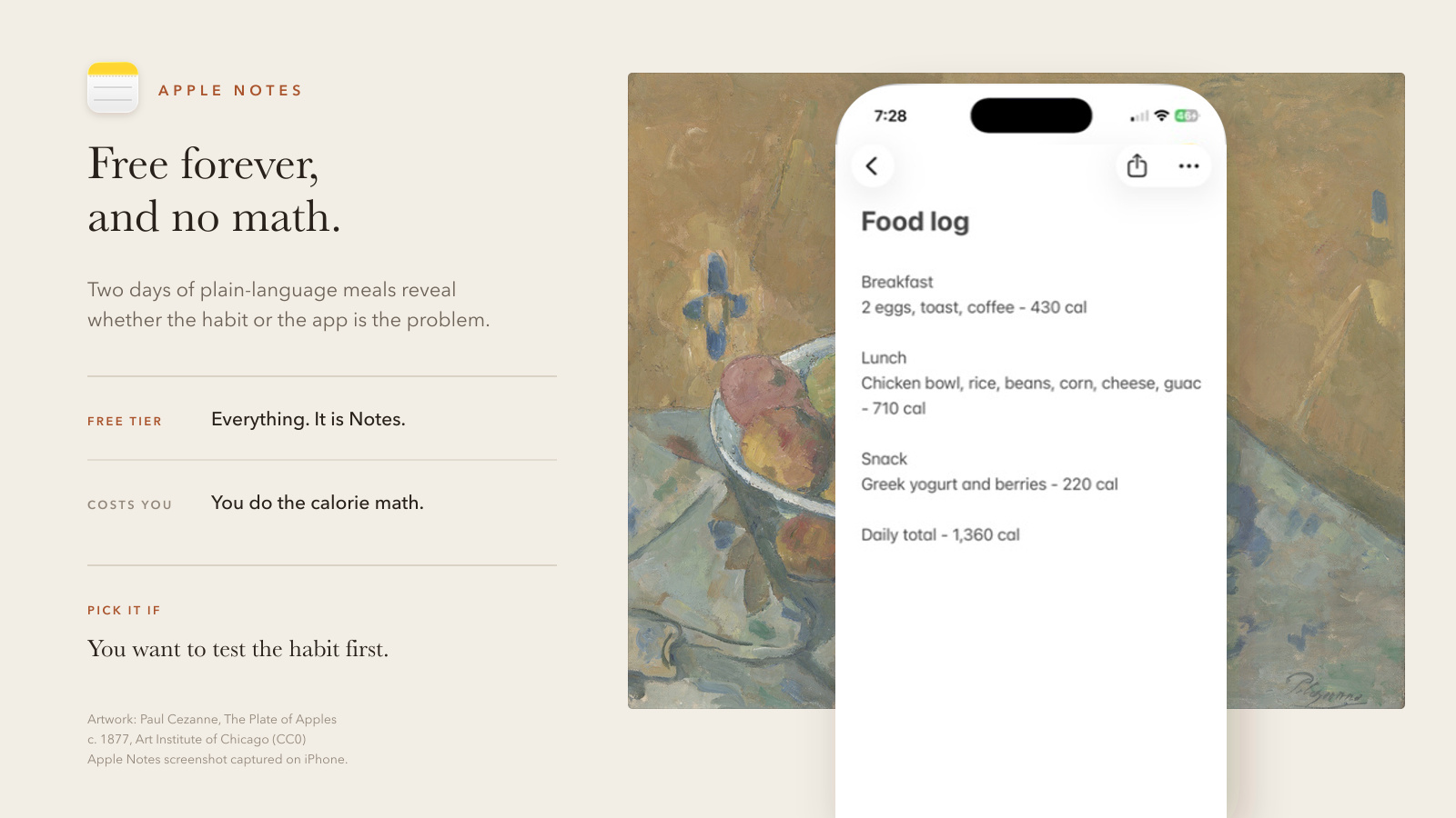 Real Apple Notes food log beside an explanation of using Notes as a free tracking habit test