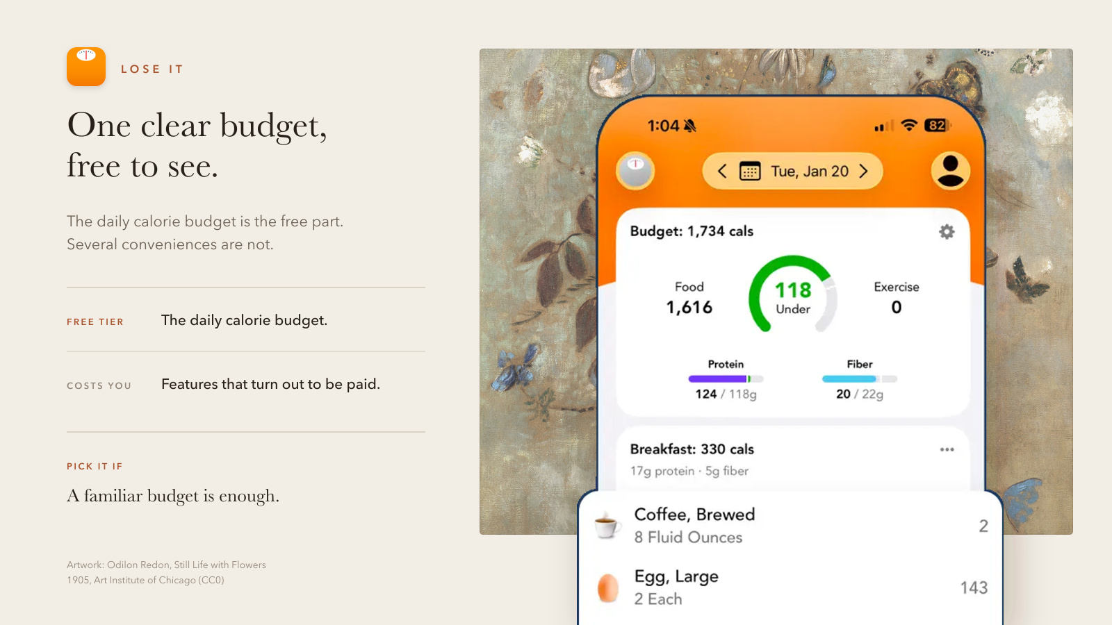 Lose It daily calorie budget screenshot beside a concise review of its free tier