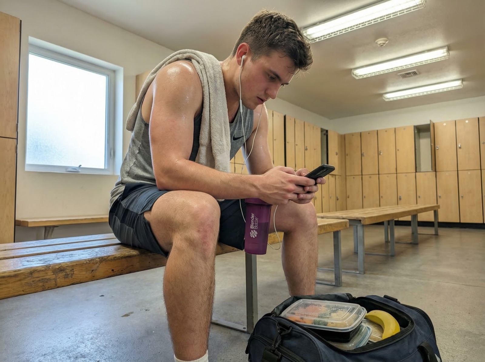 Woman logging her breakfast calories on her phone at a kitchen table with eggs, toast, and coffee