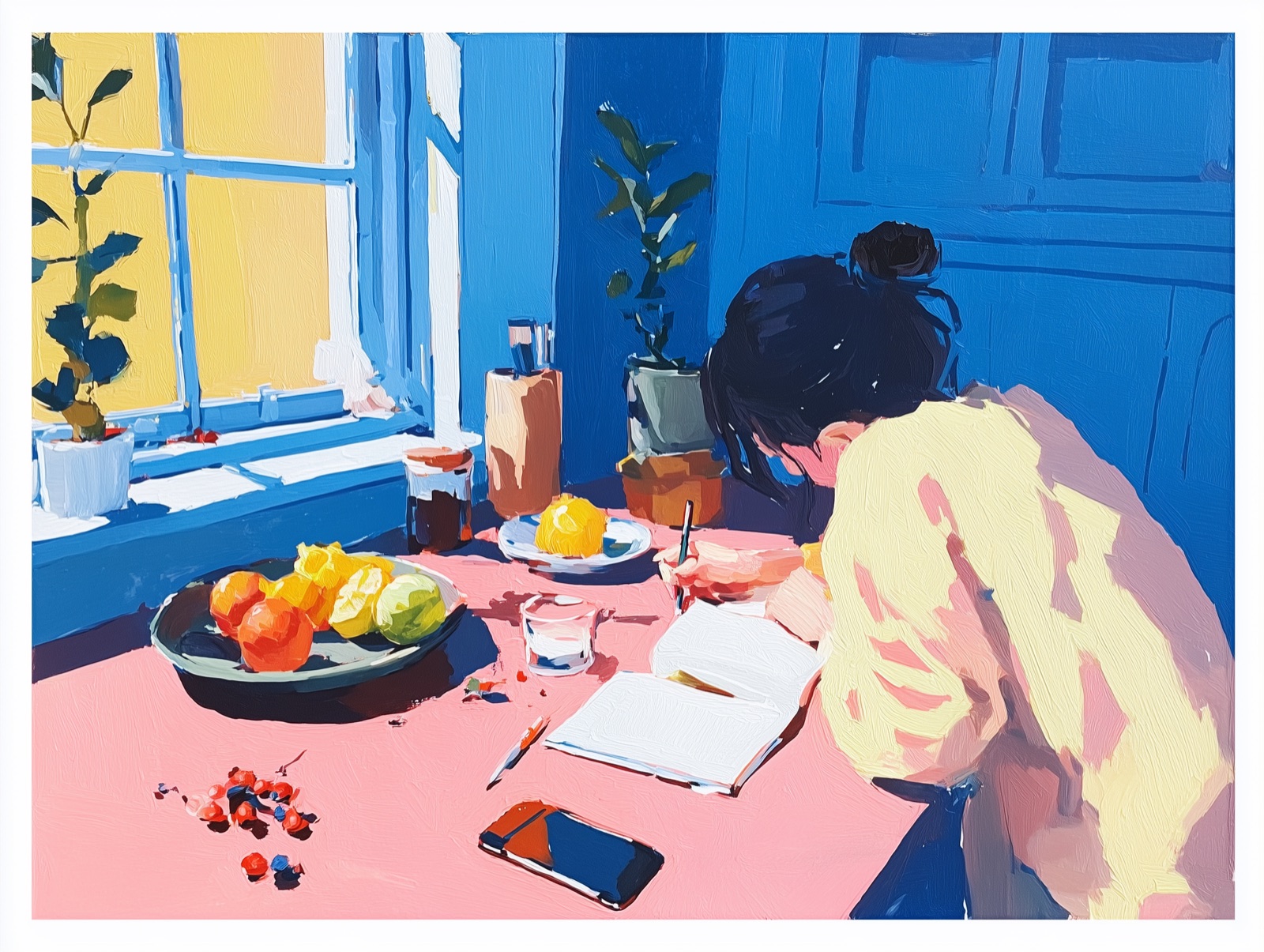 Artistic illustration of a person journaling surrounded by fresh fruits and flowers in blue tones