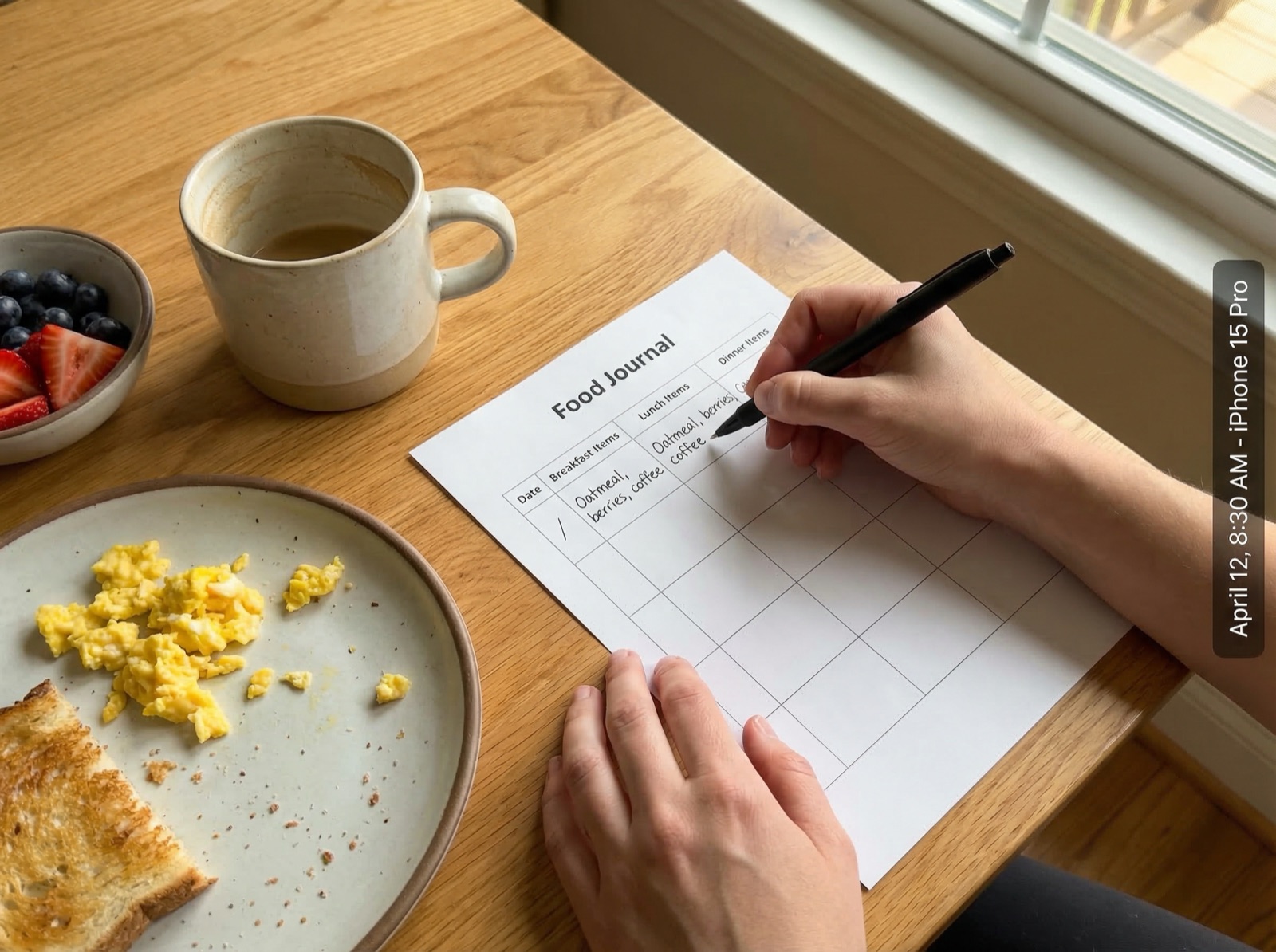 Woman filling in a printed food journal template at her kitchen table with breakfast nearby