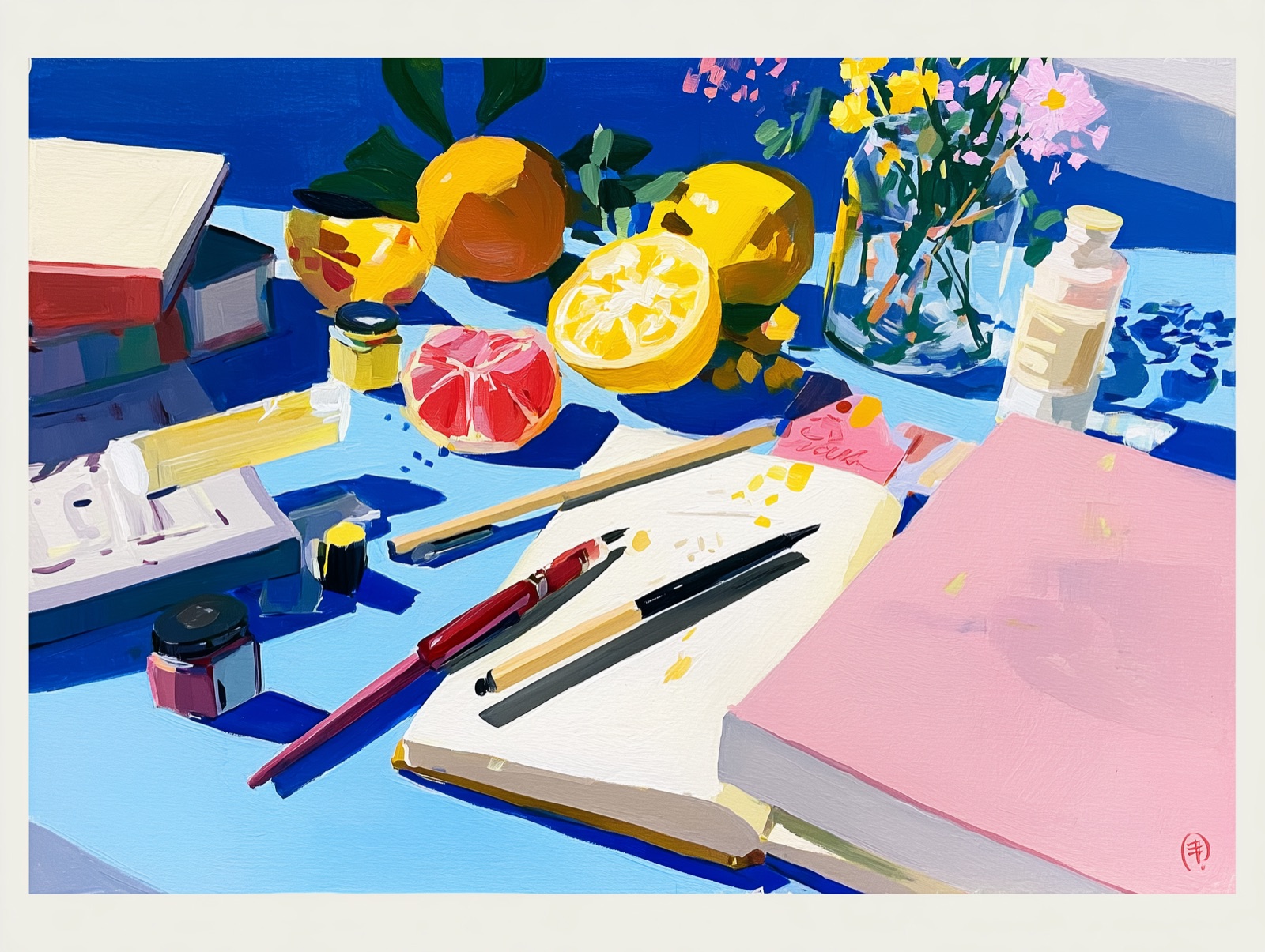 Artistic illustration of a food journal notebook with colorful meal entries and a pen