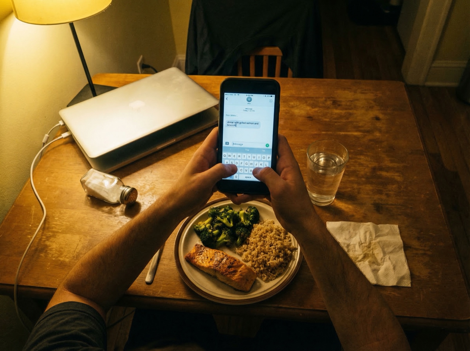 Overhead view of someone typing a meal description into their phone over a home-cooked dinner plate