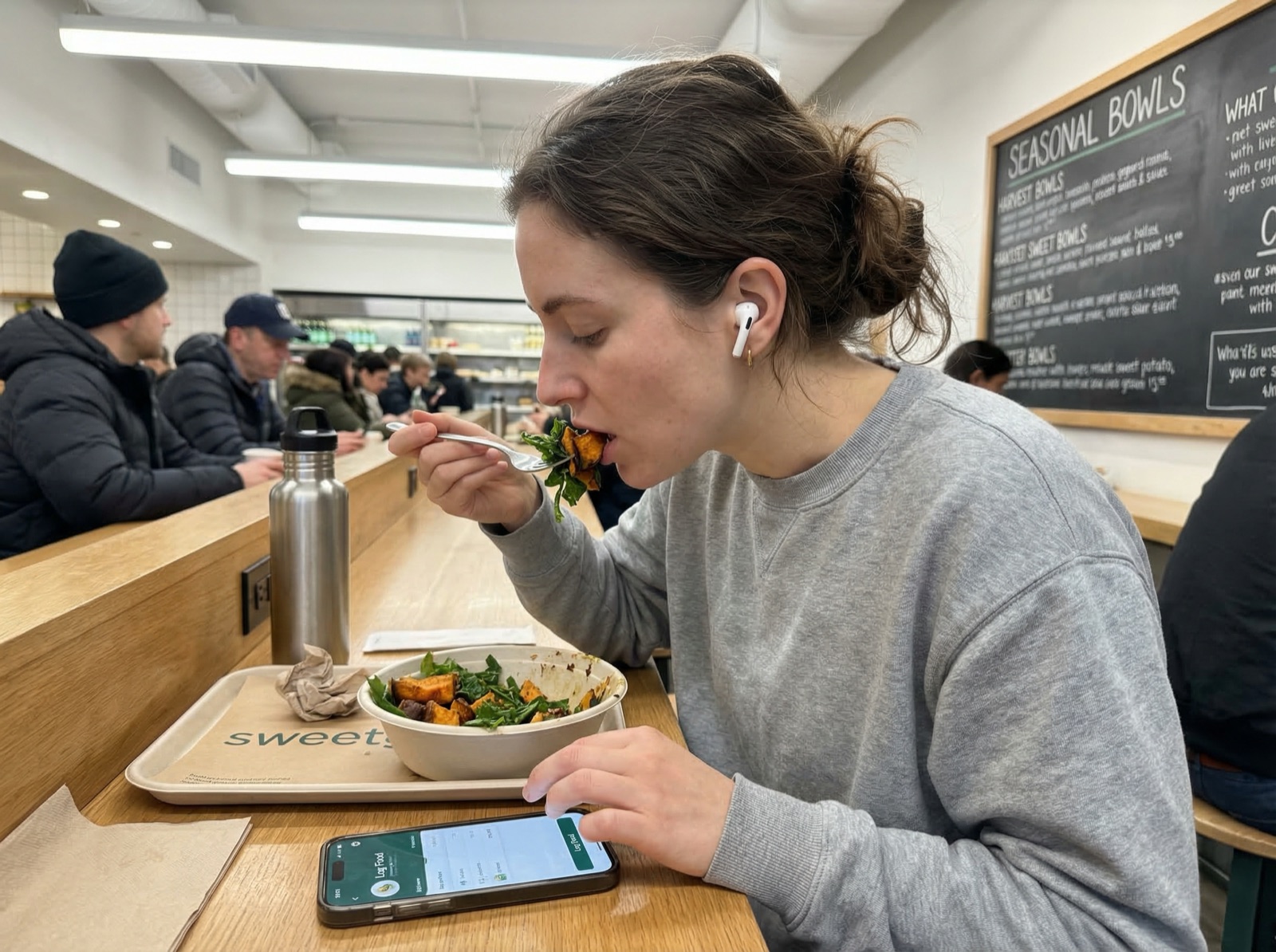 Woman checking a calorie tracking app on her phone while eating lunch at a fast-casual restaurant