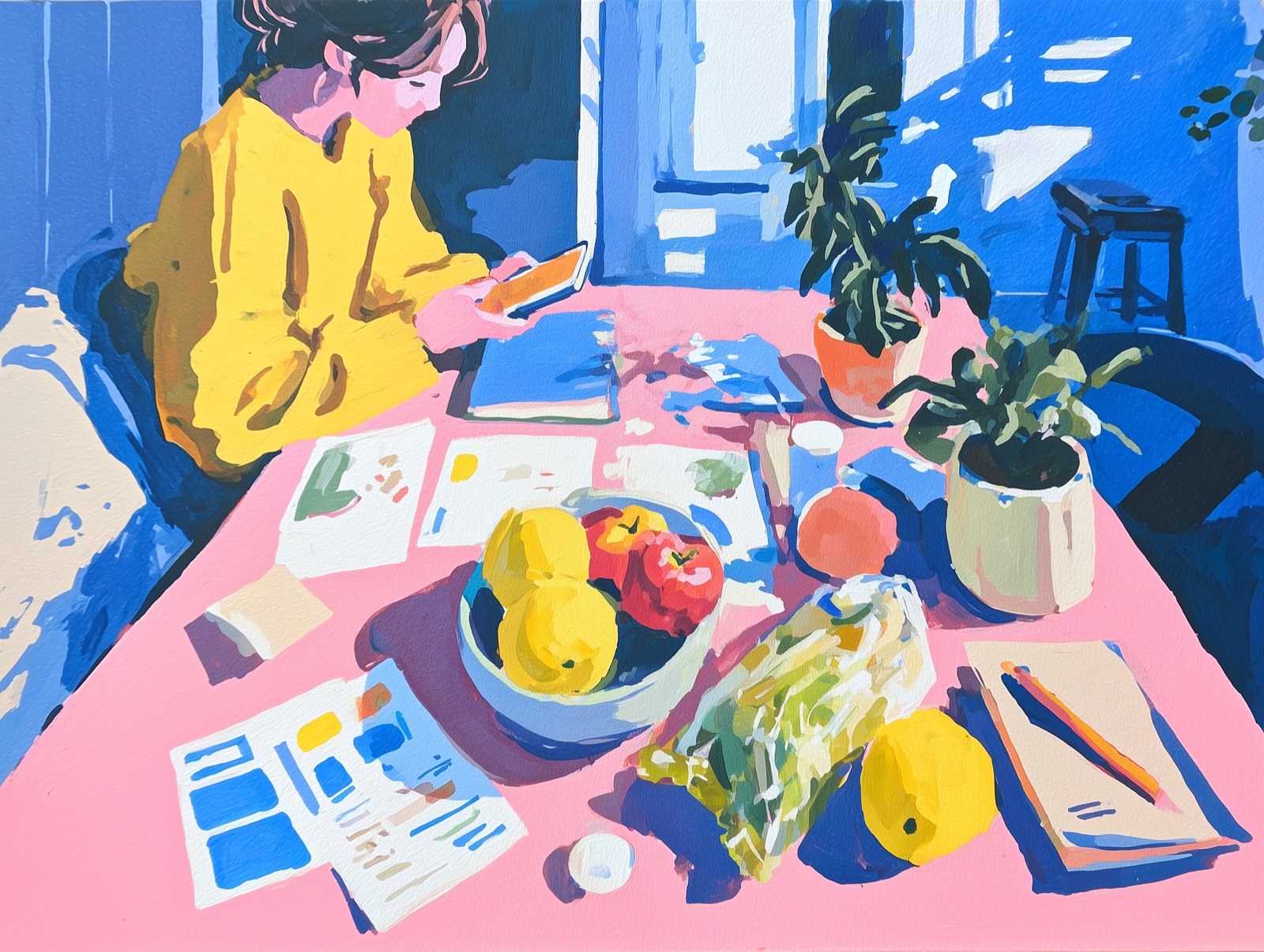 Artistic illustration of a person checking their phone beside a colorful spread of fruits and vegetables on a blue surface