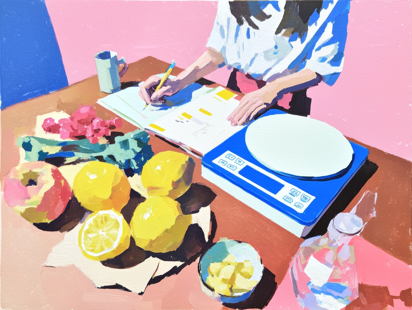 Artistic illustration of a person weighing food on a kitchen scale surrounded by colorful fruits and vegetables