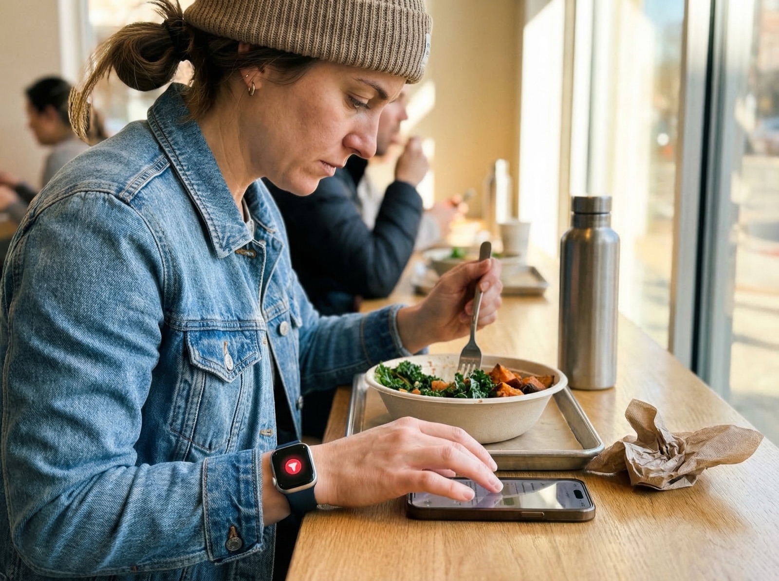 Woman quickly logging her lunch on her phone at a Sweetgreen counter