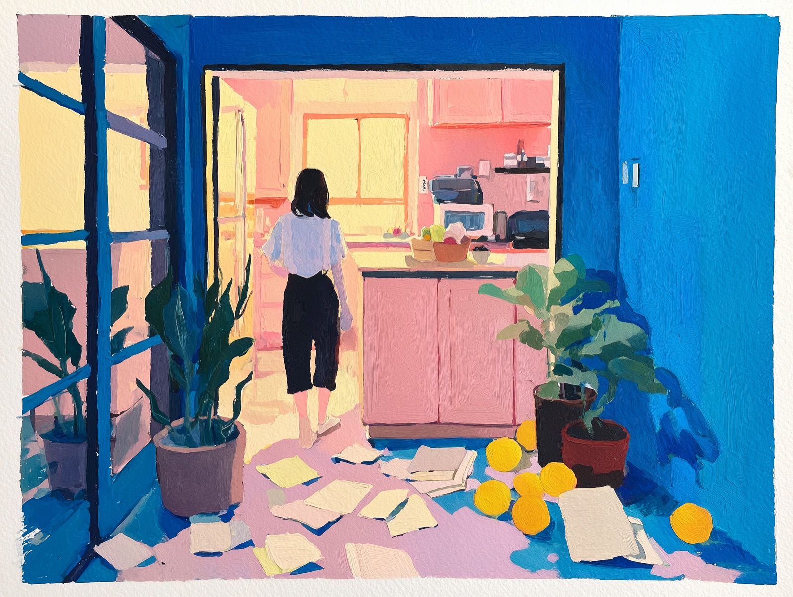Artistic illustration of a person stepping away from a cluttered desk toward simple, natural foods in blue-toned light