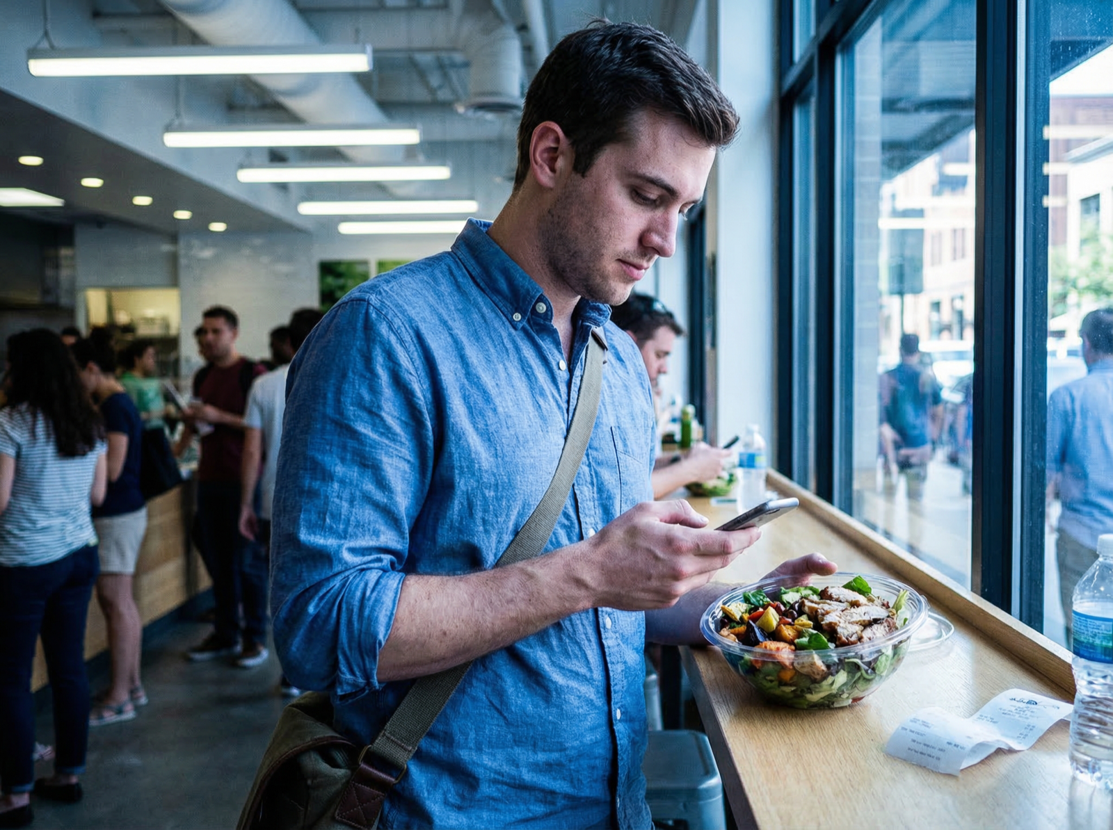 Man quickly logging his lunch on his phone at a fast-casual restaurant