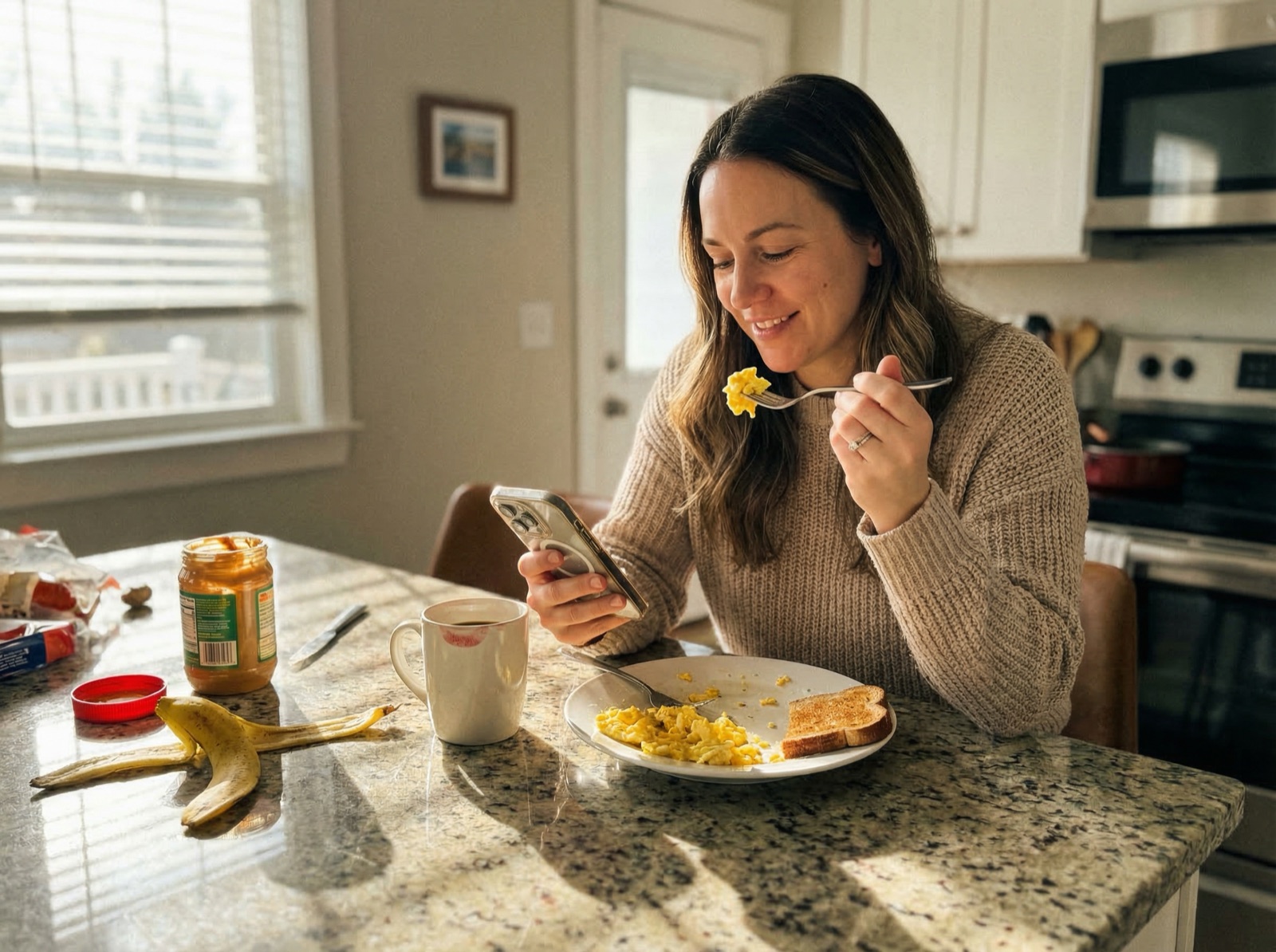 Woman logging her breakfast on her phone at a kitchen counter with scrambled eggs and toast
