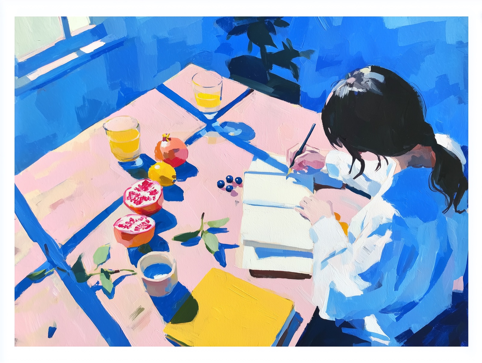Artistic illustration of a person writing in a food journal surrounded by scattered fruits and botanical elements in blue tones
