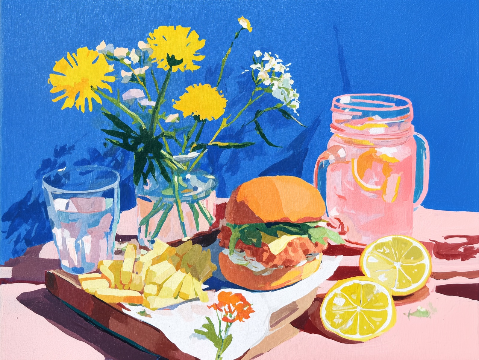 Artistic illustration of Chick-fil-A chicken sandwich, nuggets, and waffle fries with calorie information