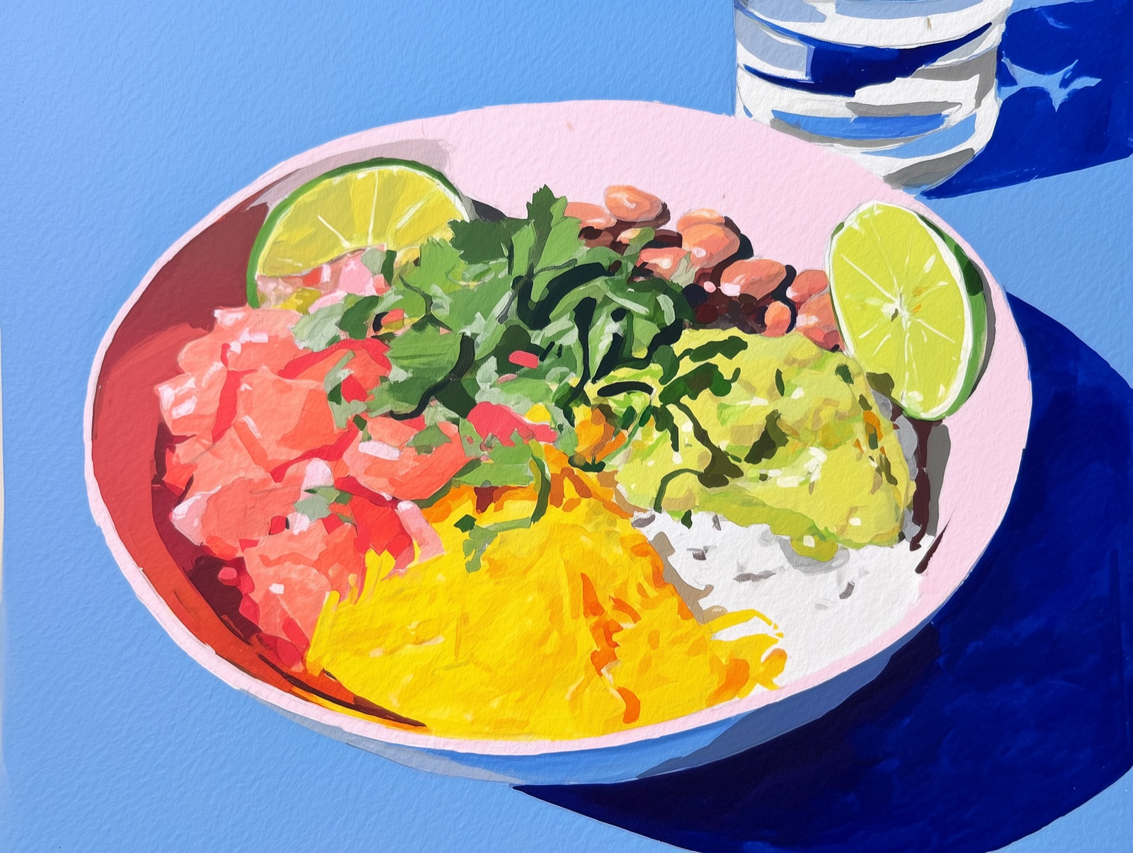 Artistic illustration of a colorful Chipotle burrito bowl with guacamole, rice, and fresh ingredients