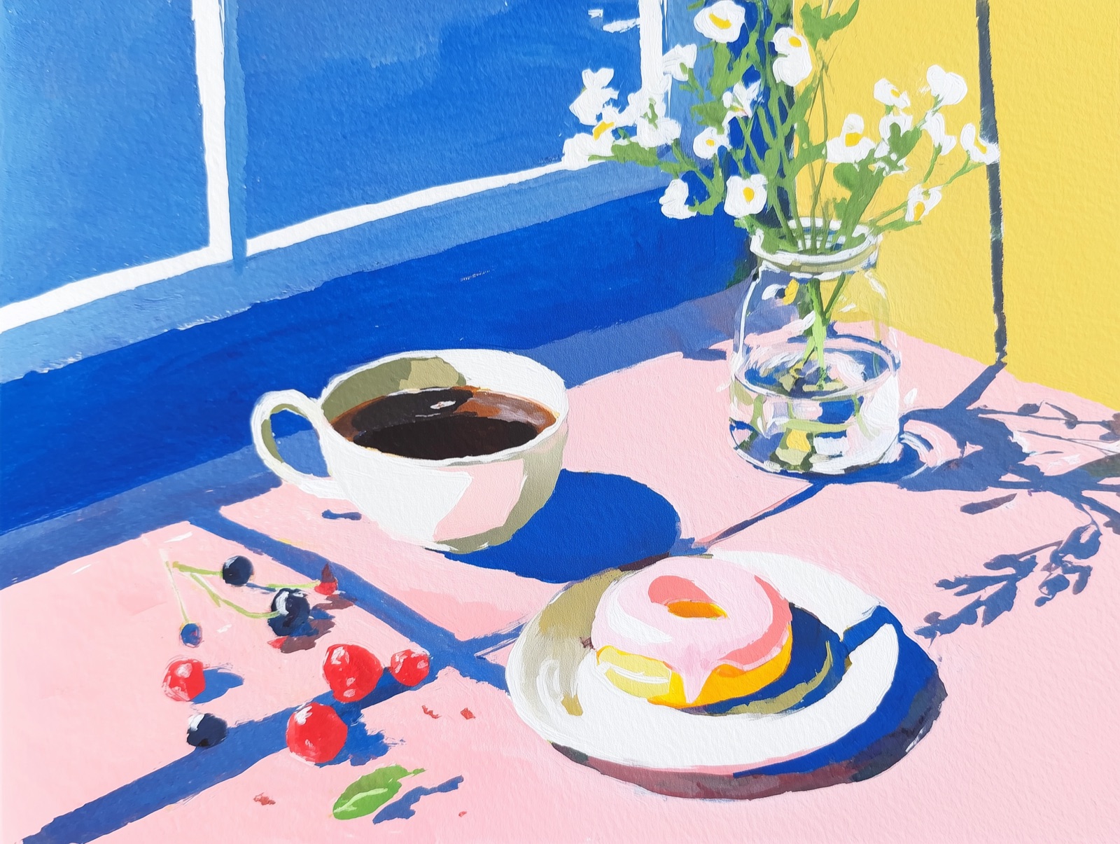 Artistic illustration of Dunkin' iced coffee, donuts, and breakfast items with calorie information