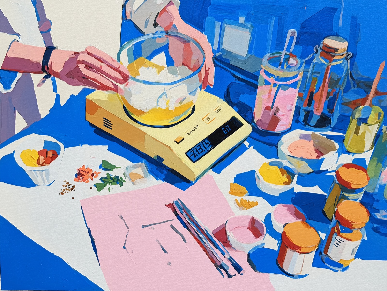 Artistic illustration of homemade cooking ingredients and a kitchen scale for calorie counting