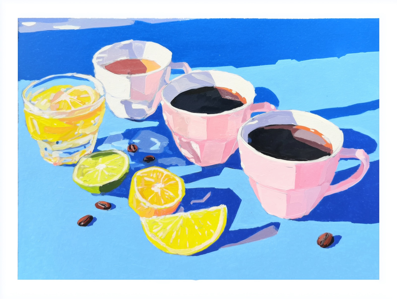 Artistic illustration of Starbucks lattes, frappuccinos, and cold brews with calorie counts